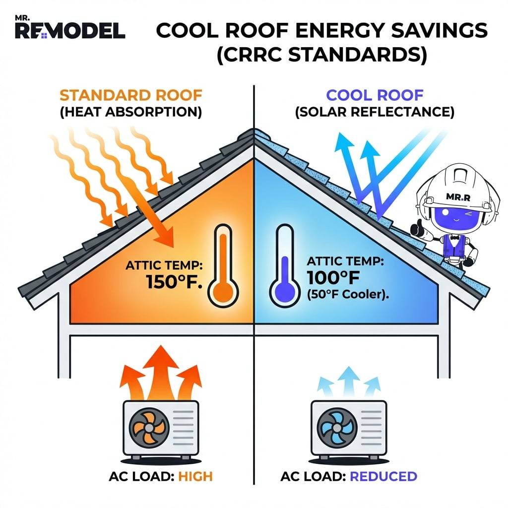A thermal comparison graphic demonstrates that a Cool Roof reflects sunlight to lower attic temperatures by 50 degrees compared to a standard roof that absorbs heat and increases air conditioning loads.